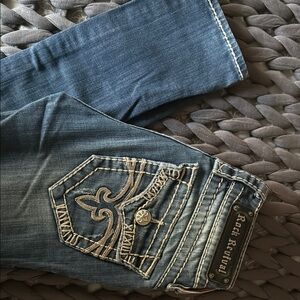 Rock Revival Blue Straight Cut Jeans with Intricate Stitching